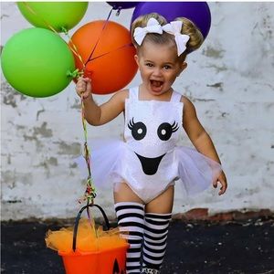 Baby Girl Halloween Sleeveless Ghost Romper Tutu Sequin Bodysuit Leg Warmers Set